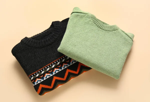 Different Stylish Sweaters Color Background — Stock Photo, Image