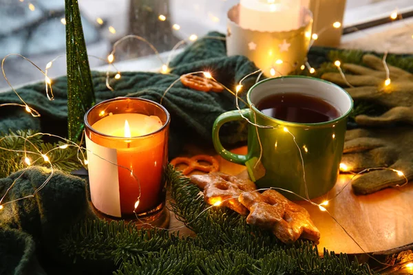 Cup Tea Burning Candles Windowsill — Fotografia de Stock