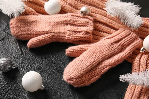 Warm Gloves Christmas Decor Black Background — Zdjęcie stockowe