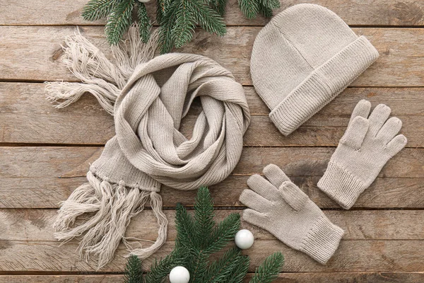 Winter Hat Scarf Gloves Christmas Decor Wooden Background — Stock Photo, Image