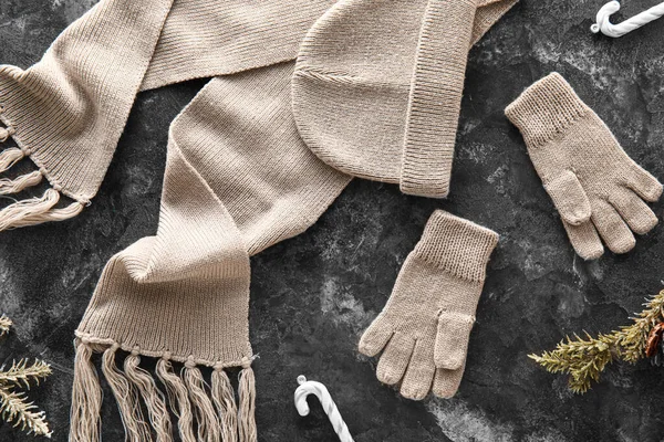 Warm Hat Gloves Scarf Christmas Decor Grunge Background — Stock Photo, Image