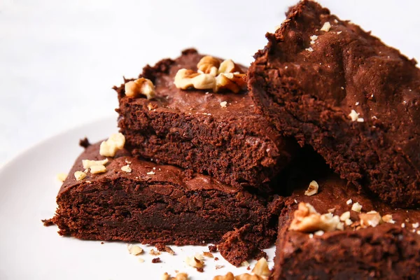 Plate Pieces Tasty Chocolate Brownie Table Closeup — Stock Photo, Image
