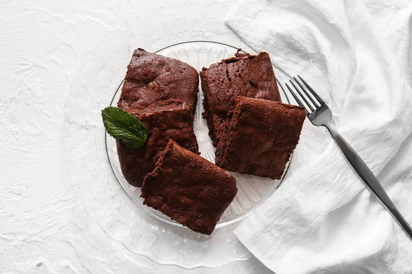 Plate Pieces Tasty Chocolate Brownie White Background — Stock Photo, Image