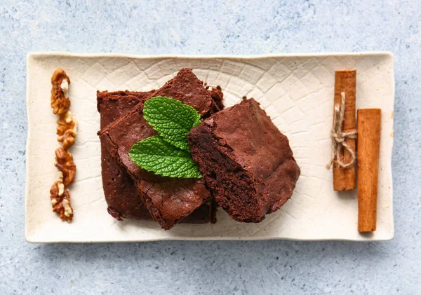 Plate Pieces Tasty Chocolate Brownie White Background — Stock Photo, Image