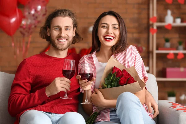 Happy Young Couple Drinking Wine Home Valentine Day — Stockfoto