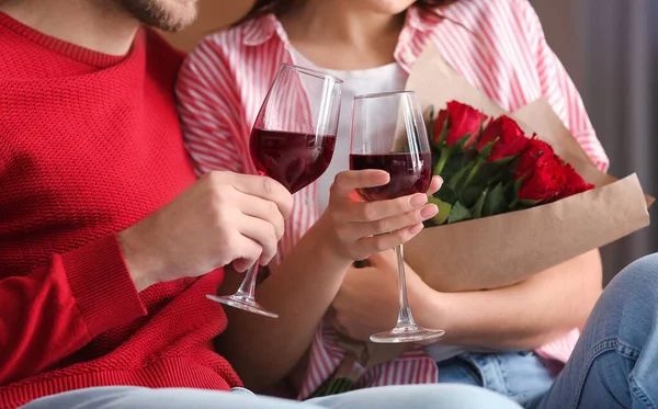 Happy Young Couple Drinking Wine Home Valentine Day — Stock Photo, Image