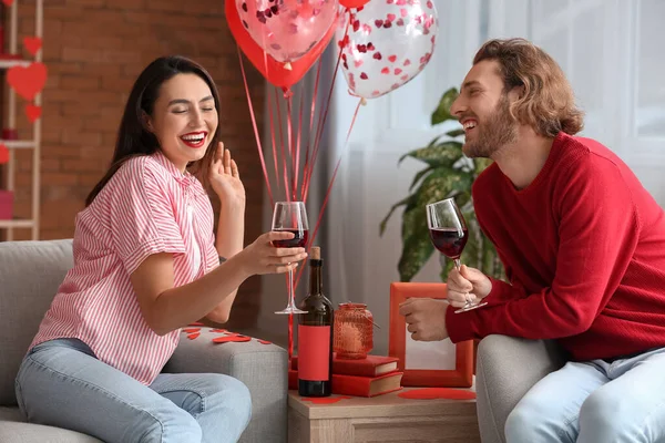 Happy Young Couple Drinking Wine Home Valentine Day — Stock Photo, Image