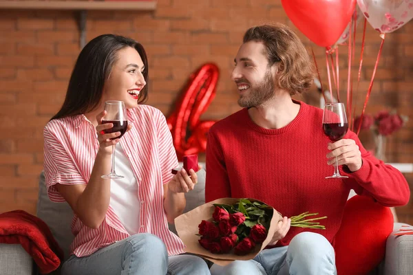 Happy Engaged Couple Drinking Wine Home Valentine Day — Stockfoto