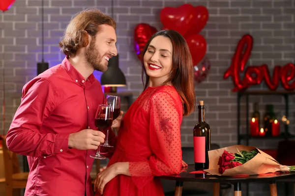 Happy Young Couple Drinking Wine Cafe Valentine Day — Stock Photo, Image