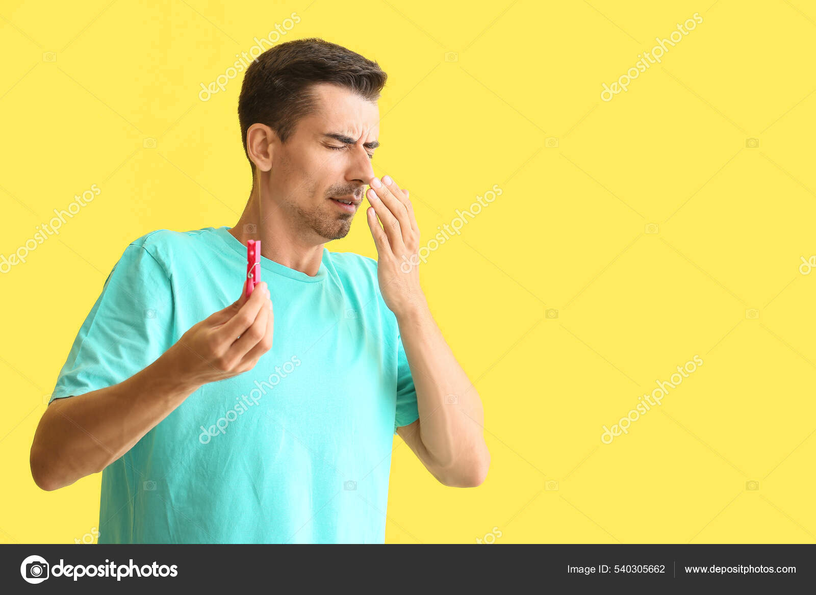 Ill Young Man Clothespin Color Background Stuffy Nose Concept Stock ...