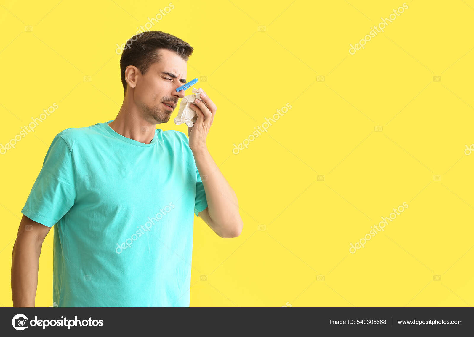 Ill Young Man Clothespin His Nose Color Background Stock Photo by ...