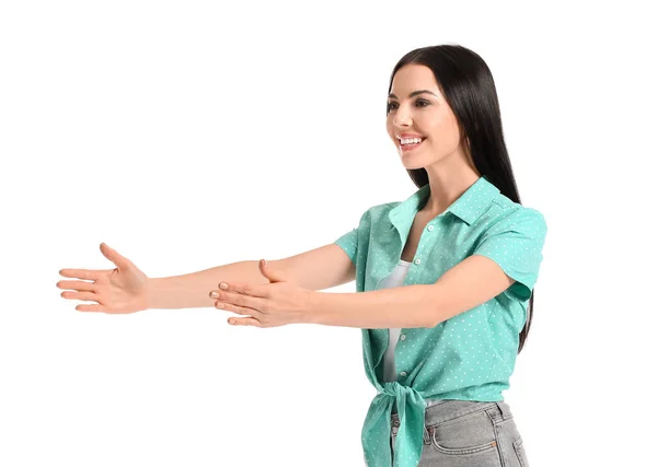 Young Woman Opening Arms Hug Isolated White — Stock Photo, Image
