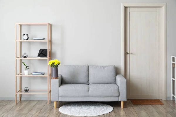 Interior Light Living Room Sofa Wooden Shelving Unit — Stock Fotó