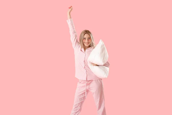 Pretty Young Woman Eye Patches Pillow Pink Background — Stockfoto