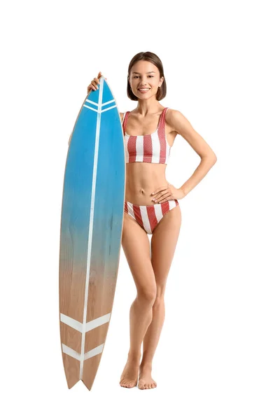 Beautiful Young Woman Surfboard White Background — Stock Photo, Image
