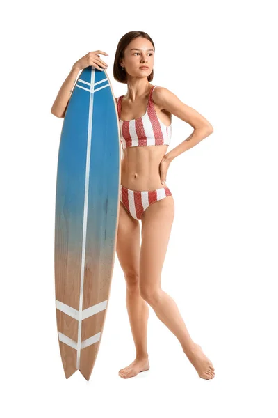 Belle Jeune Femme Avec Planche Surf Sur Fond Blanc — Photo