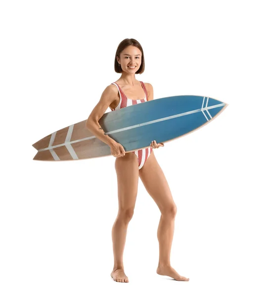 Schöne Junge Frau Mit Surfbrett Auf Weißem Hintergrund — Stockfoto