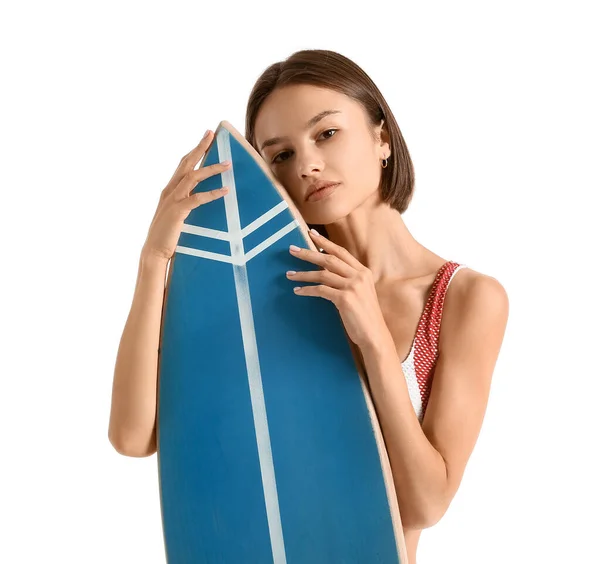 Beyaz Arka Planda Sörf Tahtası Olan Güzel Genç Bir Kadın — Stok fotoğraf