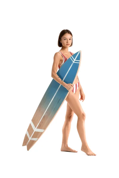 Beautiful Young Woman Surfboard White Background — Fotografia de Stock