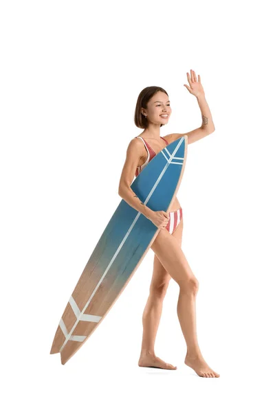 Bella Giovane Donna Con Tavola Surf Sfondo Bianco — Foto Stock