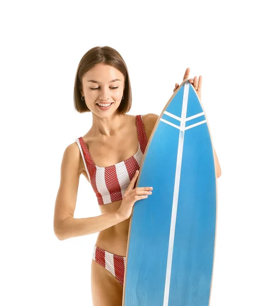 Schöne Junge Frau Mit Surfbrett Auf Weißem Hintergrund — Stockfoto