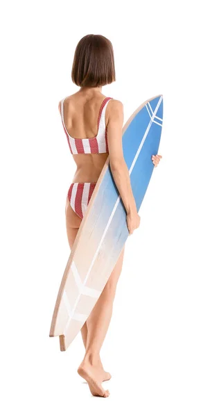 Beautiful Young Woman Surfboard White Background Back View — Fotografia de Stock