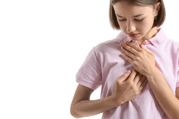 Young Woman Feeling Discomfort Her Breast White Background Cancer Awareness — Stock Photo, Image
