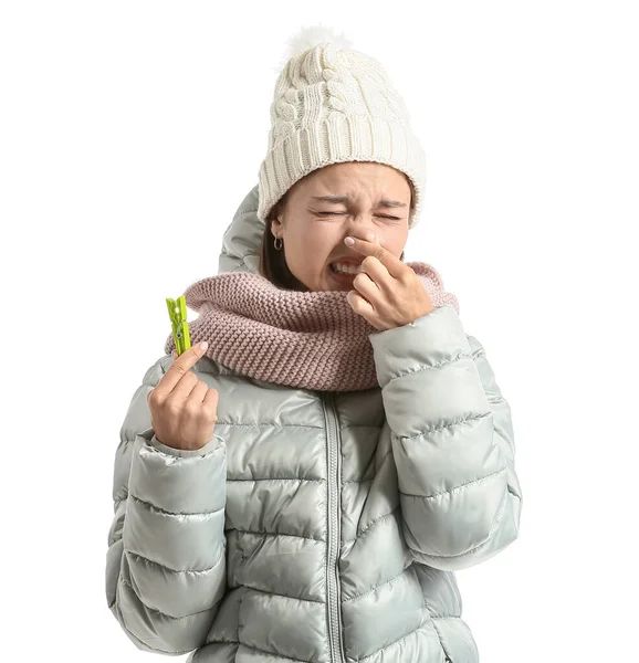 Ill Young Woman Stuffy Nose White Background — 스톡 사진