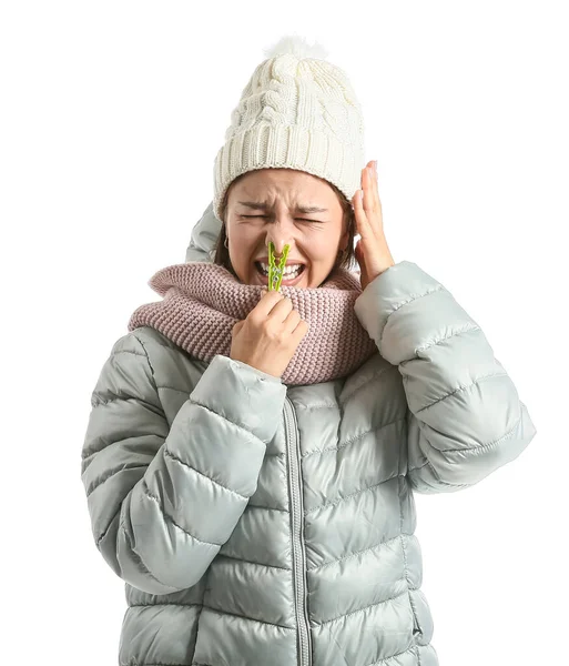 Ill Young Woman Stuffy Nose White Background — 图库照片