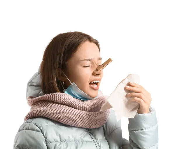 Ill Young Woman Stuffy Nose White Background — 스톡 사진