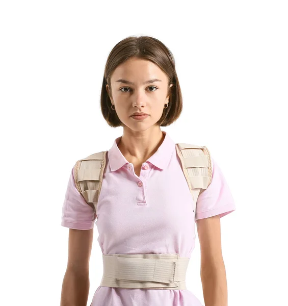 Junge Frau Rückenspange Auf Weißem Hintergrund — Stockfoto