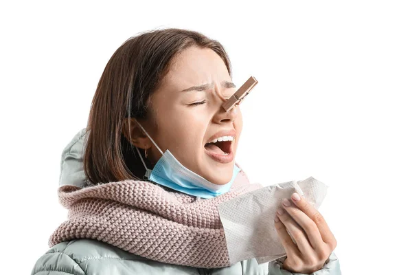 Ill Young Woman Stuffy Nose White Background — 图库照片