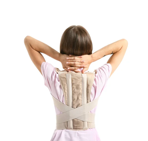 Young Woman Back Brace White Background — Stock Photo, Image