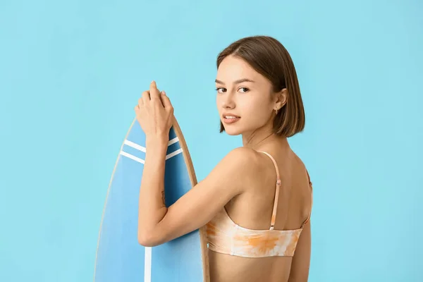 Beautiful Young Woman Surfboard Color Background — Stock Photo, Image