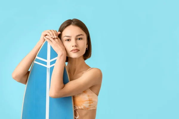 Beautiful Young Woman Surfboard Color Background — Stock Fotó