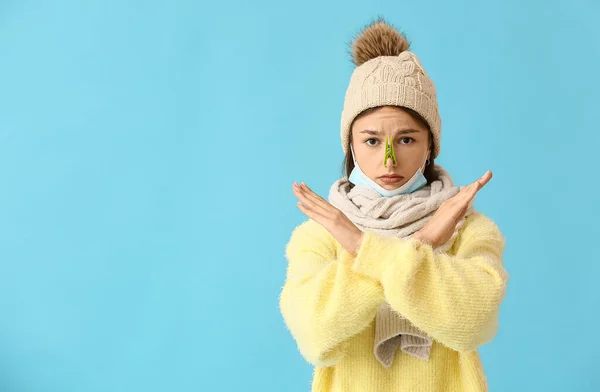 Ill Young Woman Clothespin Her Nose Color Background — Stock Photo, Image