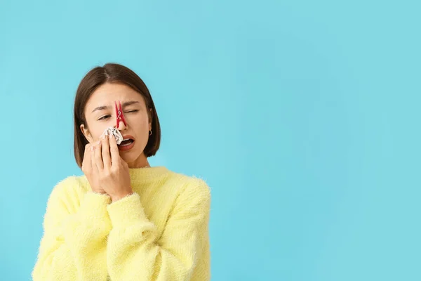 Ill Young Woman Clothespin Her Nose Color Background — 스톡 사진