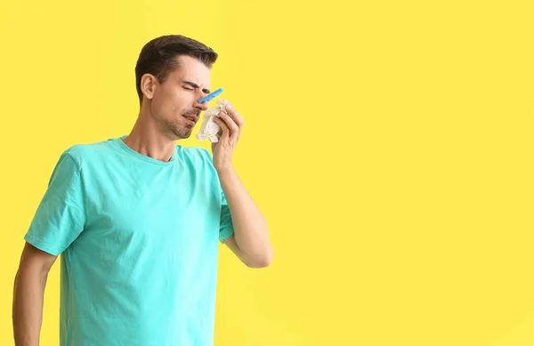 Ill Young Man Clothespin His Nose Color Background — Stock Photo, Image