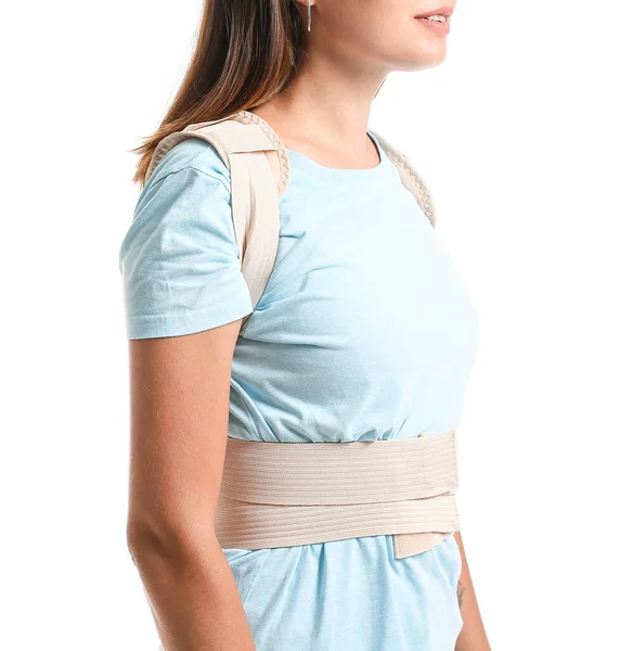 Young Woman Back Brace White Background — 스톡 사진