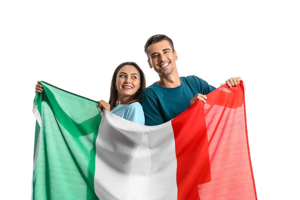 Jeune Couple Avec Drapeau Italien Sur Fond Blanc — Photo