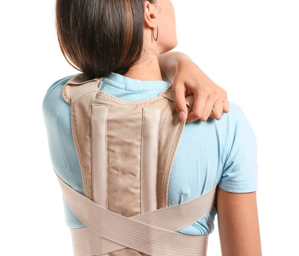 Young Woman Back Brace White Background — 스톡 사진