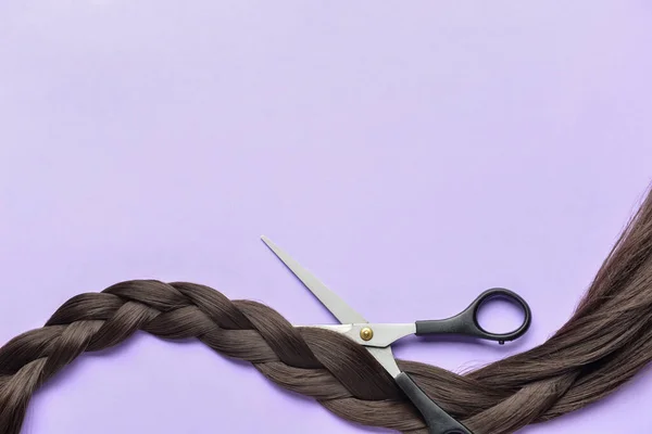 Πλέκονται Καστανά Μαλλιά Για Δωρεά Ψαλίδι Λιλά Φόντο — Φωτογραφία Αρχείου