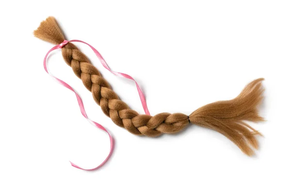 Braided Red Hair Donation Pink Ribbon White Background — Stockfoto