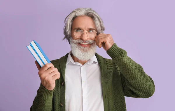 Happy Senior Man Books Color Background — Foto Stock