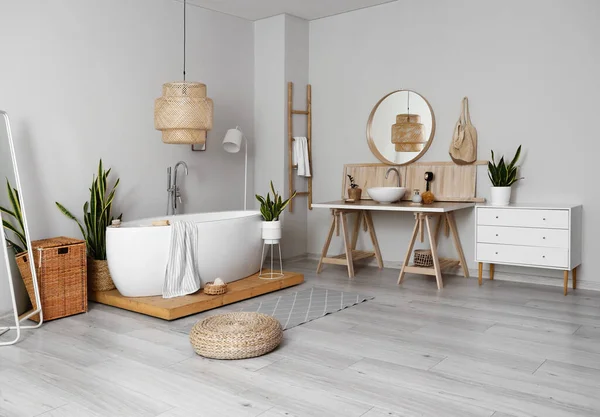 Interior Light Bathroom Table Sink Houseplants — Stock Photo, Image