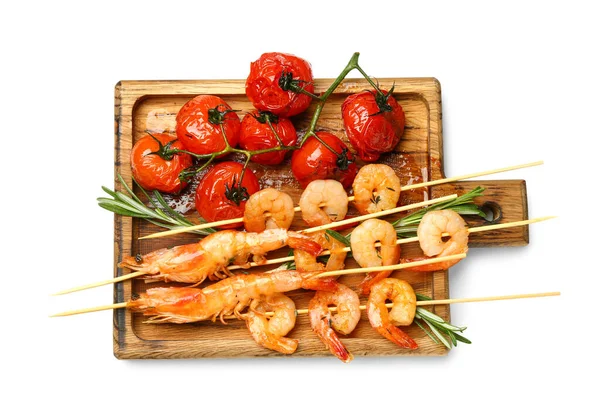 Wooden Board Grilled Shrimp Skewers Tomatoes White Background — Stock Photo, Image