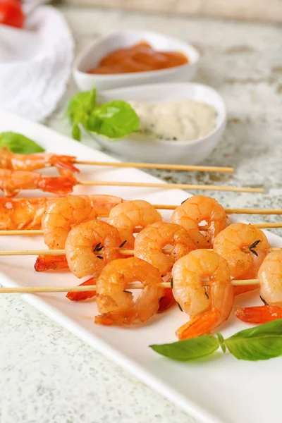 Plate Tasty Grilled Shrimp Skewers Light Background — Stock Photo, Image