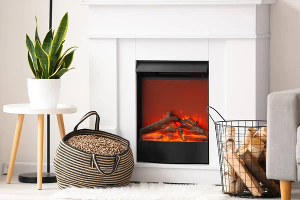 Bag Pellets Firewood Mantelpiece Living Room — Stockfoto