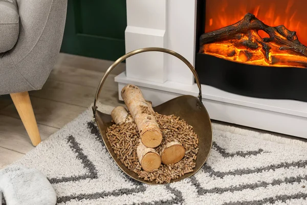 Metal Basket Pellets Woods Fireplace Living Room — ストック写真