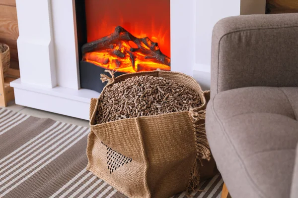 Bag Wood Pellets Fireplace Living Room — ストック写真